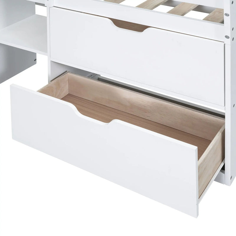 Low Loft Bed With Rolling Desk, Shelf And Drawers by HouseOfZazla