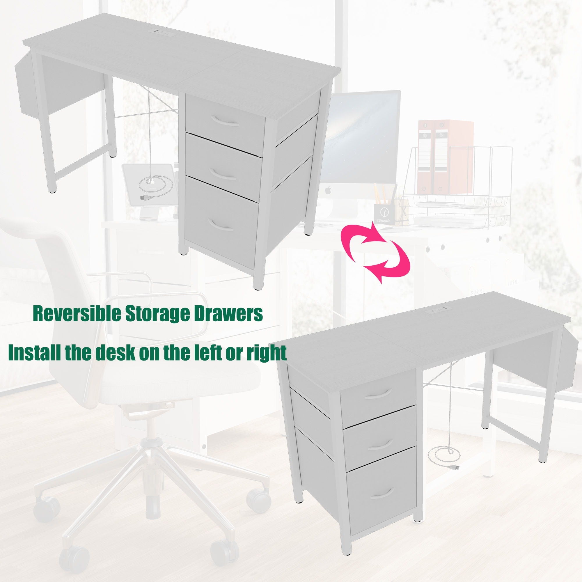Office Desk With Power Outlet, 3 Drawers And Side Pocket For Office - White by HouseOfZazla