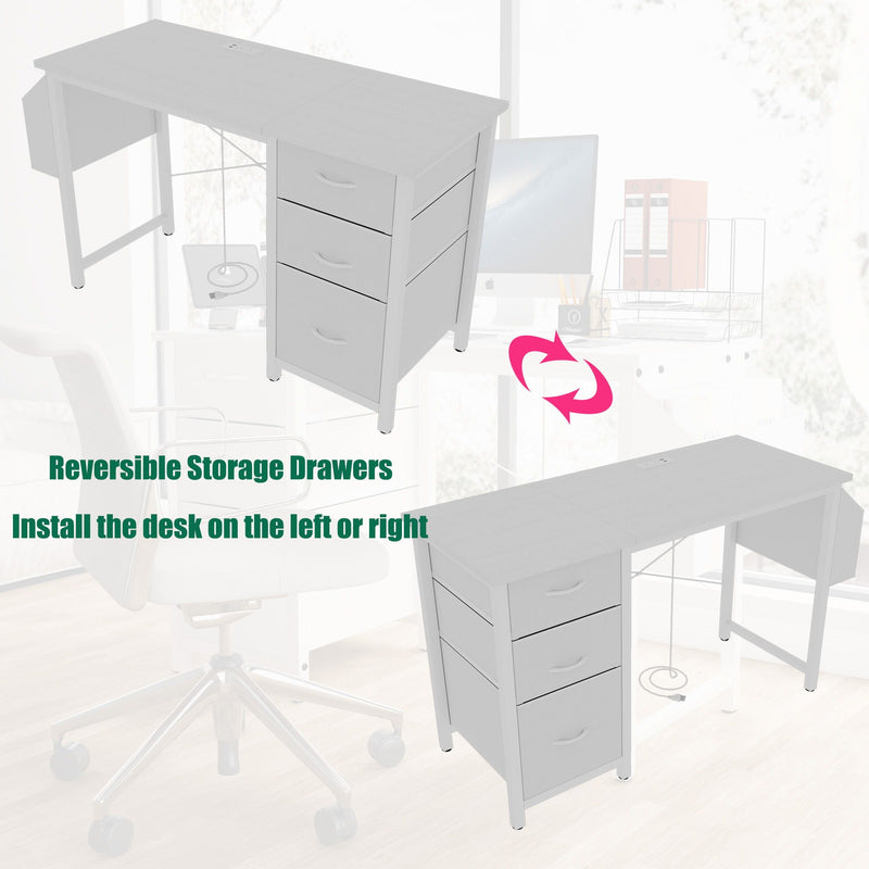 Office Desk With Power Outlet, 3 Drawers And Side Pocket For Office - White by HouseOfZazla