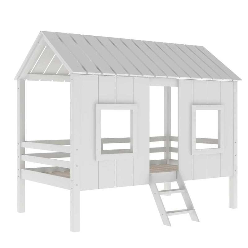 Twin Size Low Loft House Bed With Roof And 2 Front Windows - White by Unique Piece Furniture