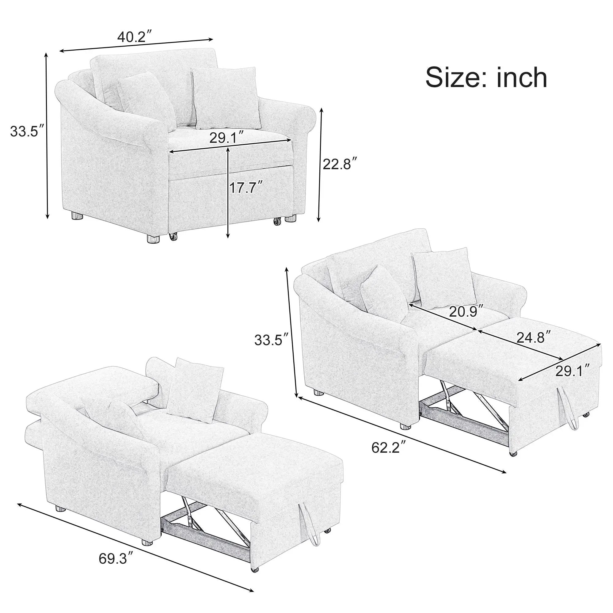 Convertible Sleeper Chair With Adjustable Backrest, 3 In 1 Lounger Chair Turns Into Bed, Single Bed For Living Room by Unique Piece Furniture