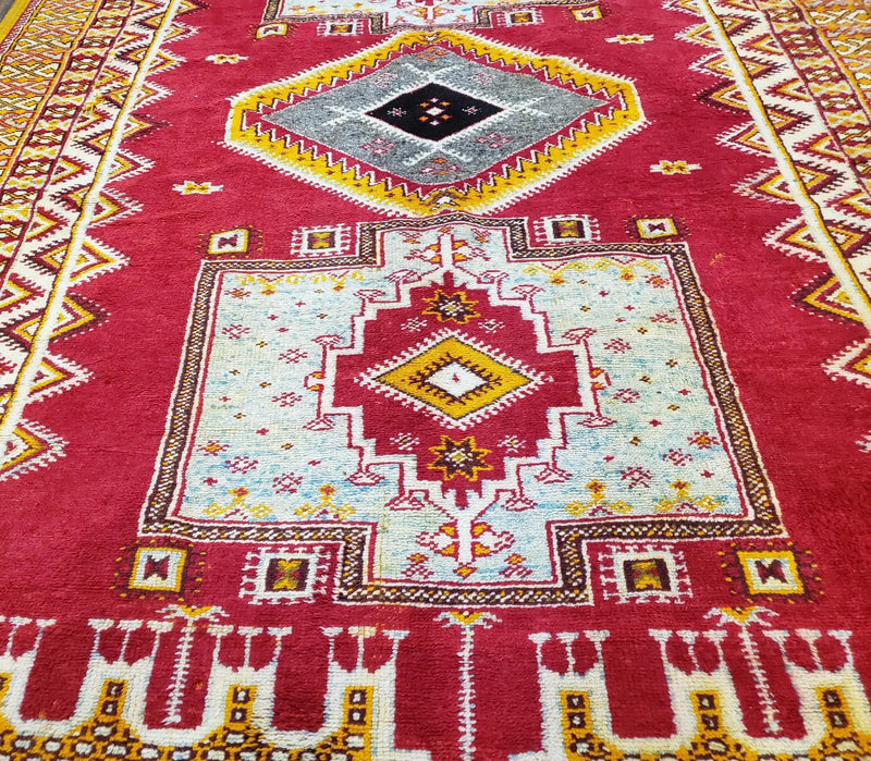 Vintage Moroccan Rug 6x10, Red and Yellow Moroccan Carpet, Handmade Bohemian Tribal Area Rug, Hand-Knotted 1970s Wool Rug, Medalions by Jewel Rugs
