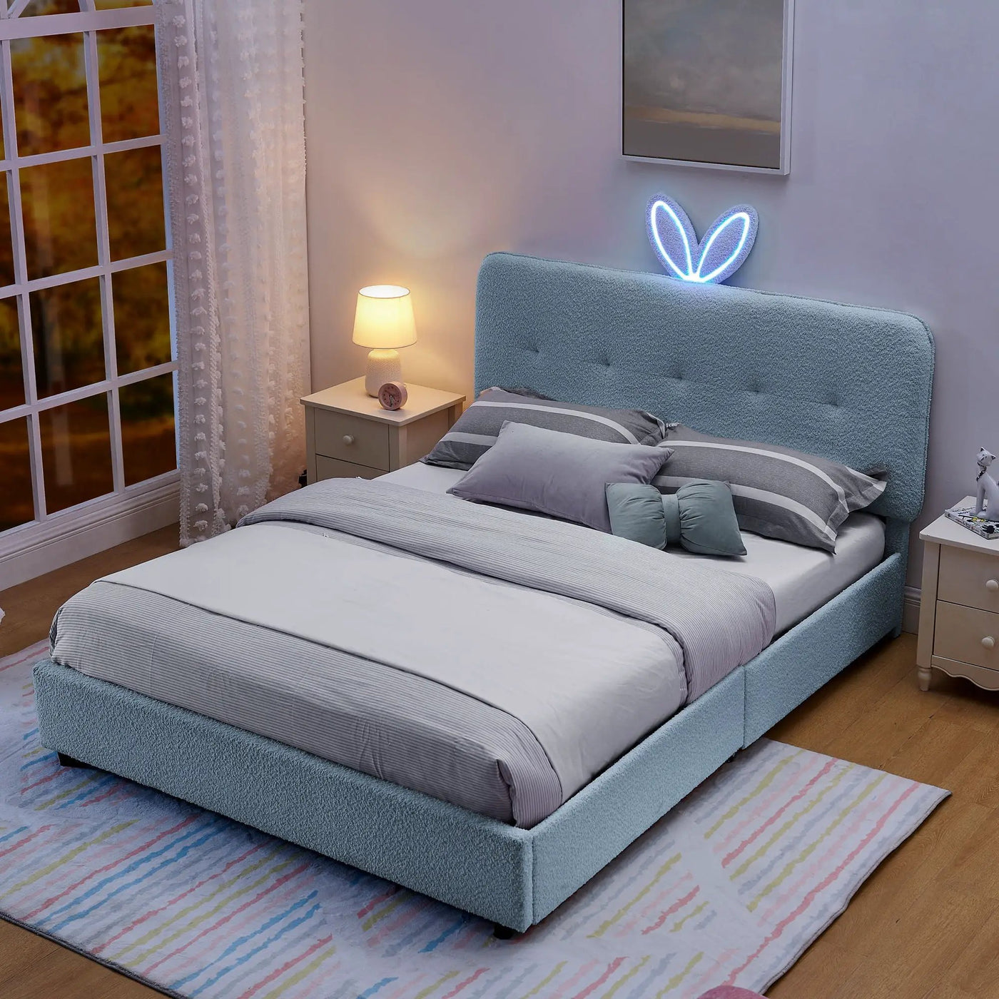 Upholstered Bed With Oversized Rabbit Ear Headboard, LED Lights & 4 Storage Drawers by Unique Piece Furniture