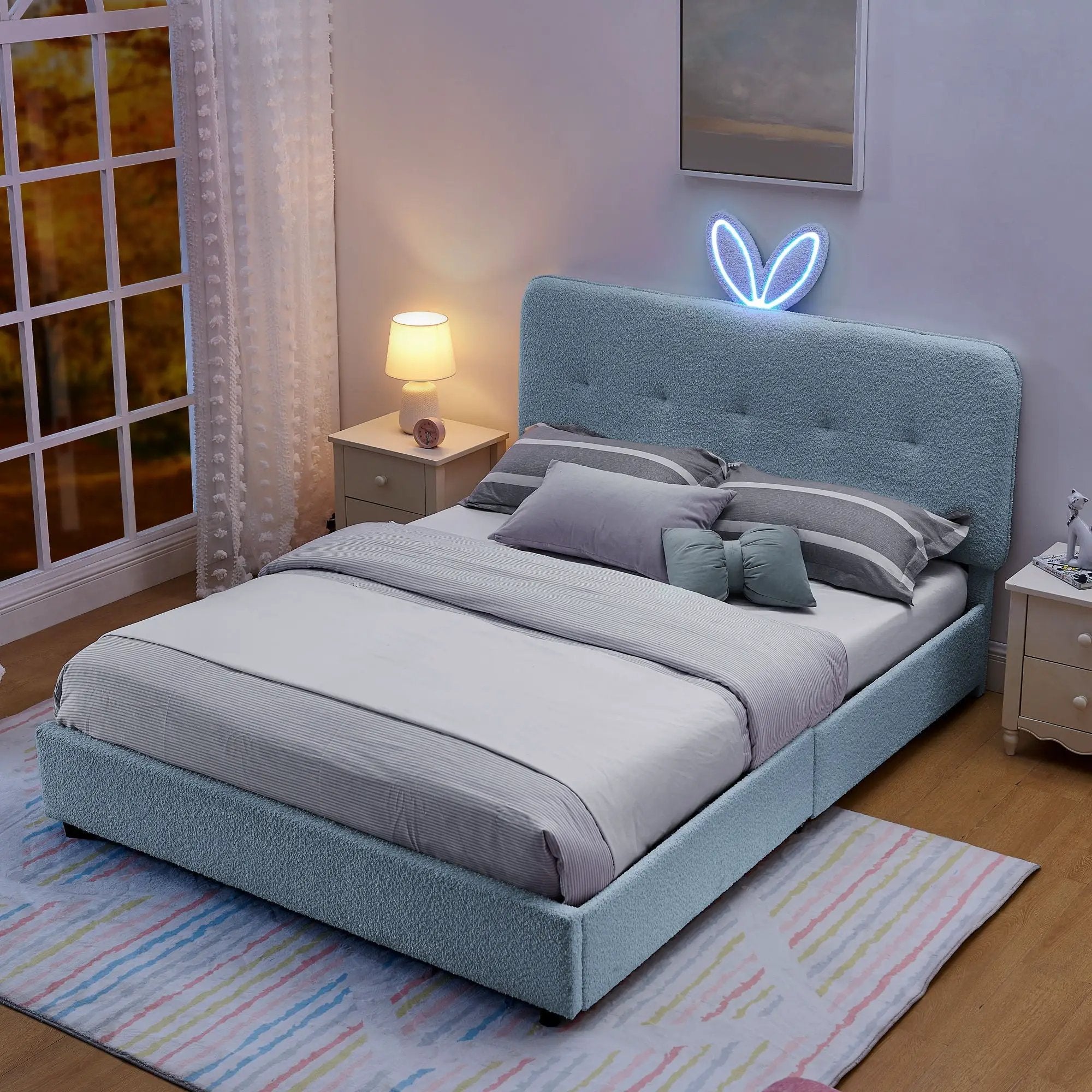 Upholstered Bed With Oversized Rabbit Ear Headboard, LED Lights & 4 Storage Drawers by Unique Piece Furniture