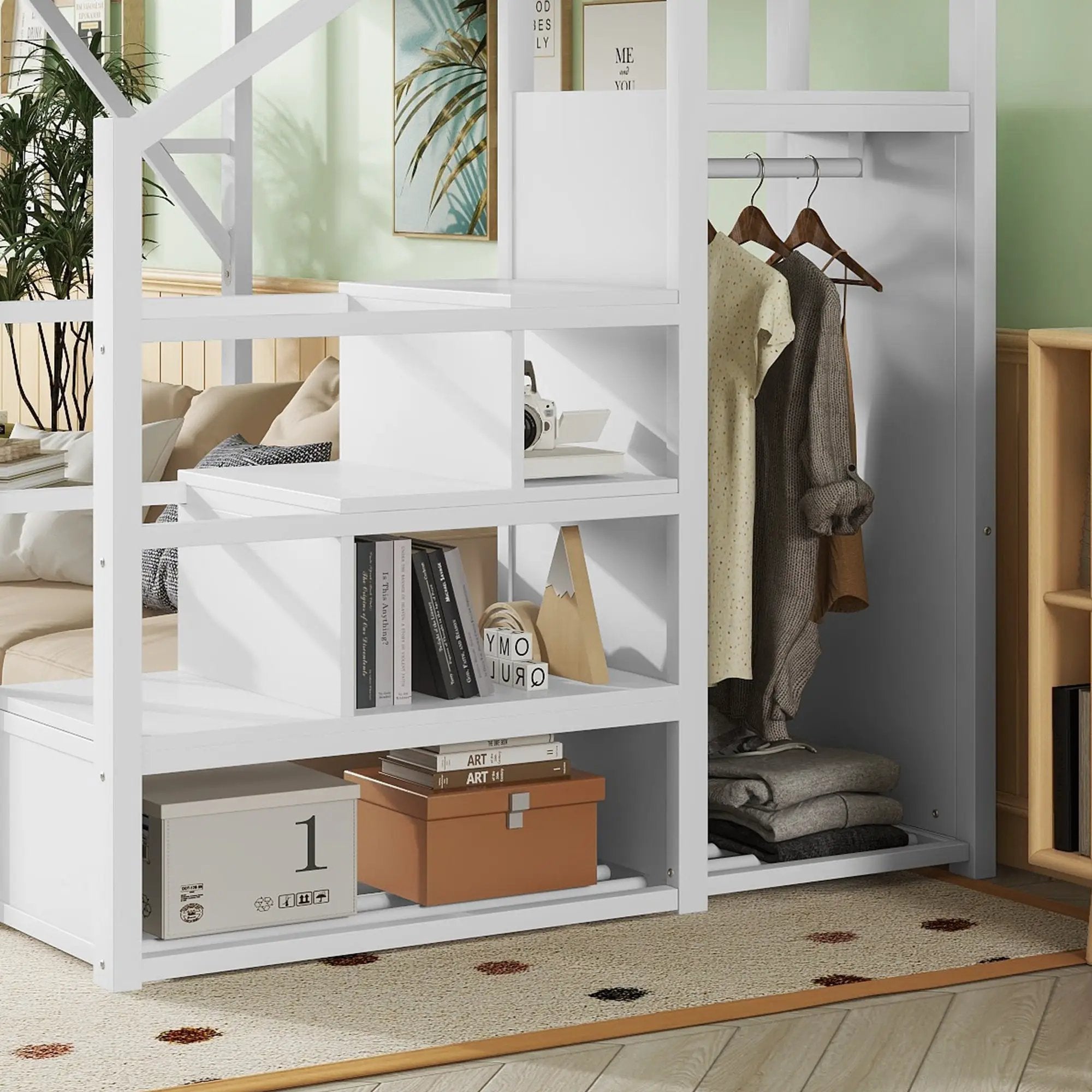 Queen Size Loft Bed with Stairs, Metal Queen Loft Bed with Storage Shelves by HouseOfZazla