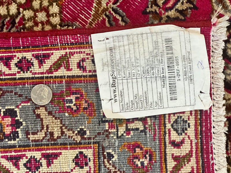Persian Rug 10x13, Wool Hand Knotted Antique Kashmar Carpet, Raspberry Red & Navy Blue, Floral Medallion, Traditional Oriental Rug 10 x 13 by Jewel Rugs