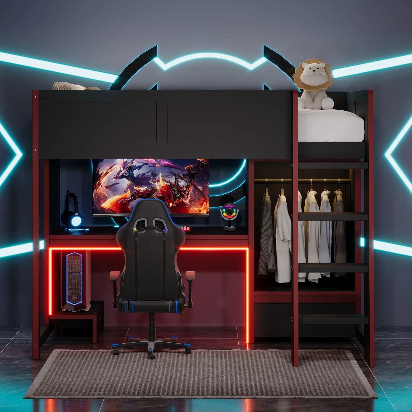 Gaming Loft Bed With Built In Desk, Wardrobe, LED Lighting And Drawer by Unique Piece Furniture