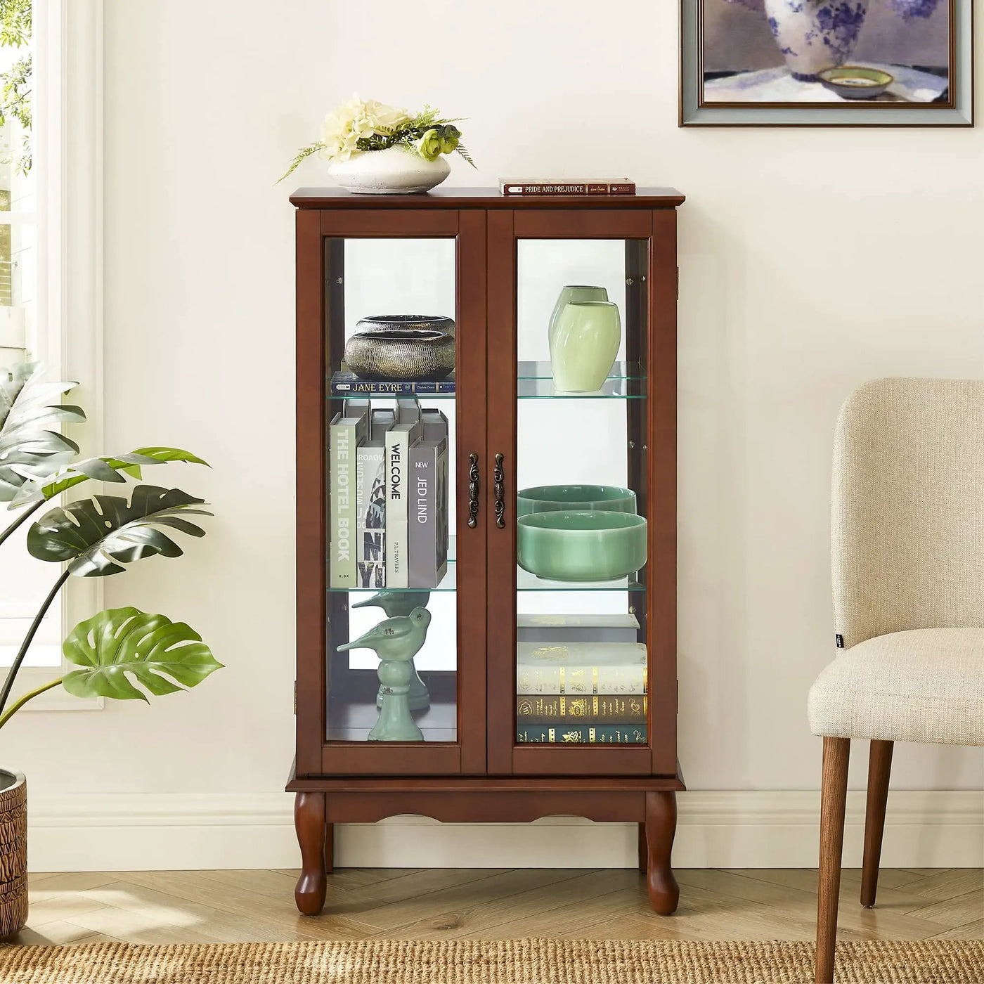 Curio Cabinet Lighted Curio Diapaly Cabinet With Adjustable Shelves And Mirrored Back Panel, Tempered Glass Doors (3 Tier), (E26 Light Bulb Not Included) by Unique Piece Furniture
