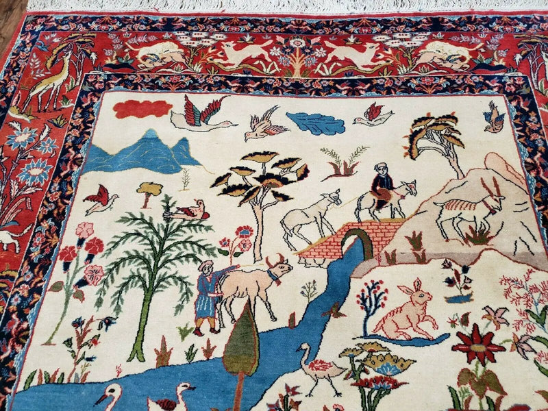 Antique Persian Isfahan Rug 5x7, Animal and Human Pictorials, Hand Knotted Fine Oriental Wool Carpet, Cream and Red, High KPSI, Vintage Rug 5 x 7 ft by Jewel Rugs