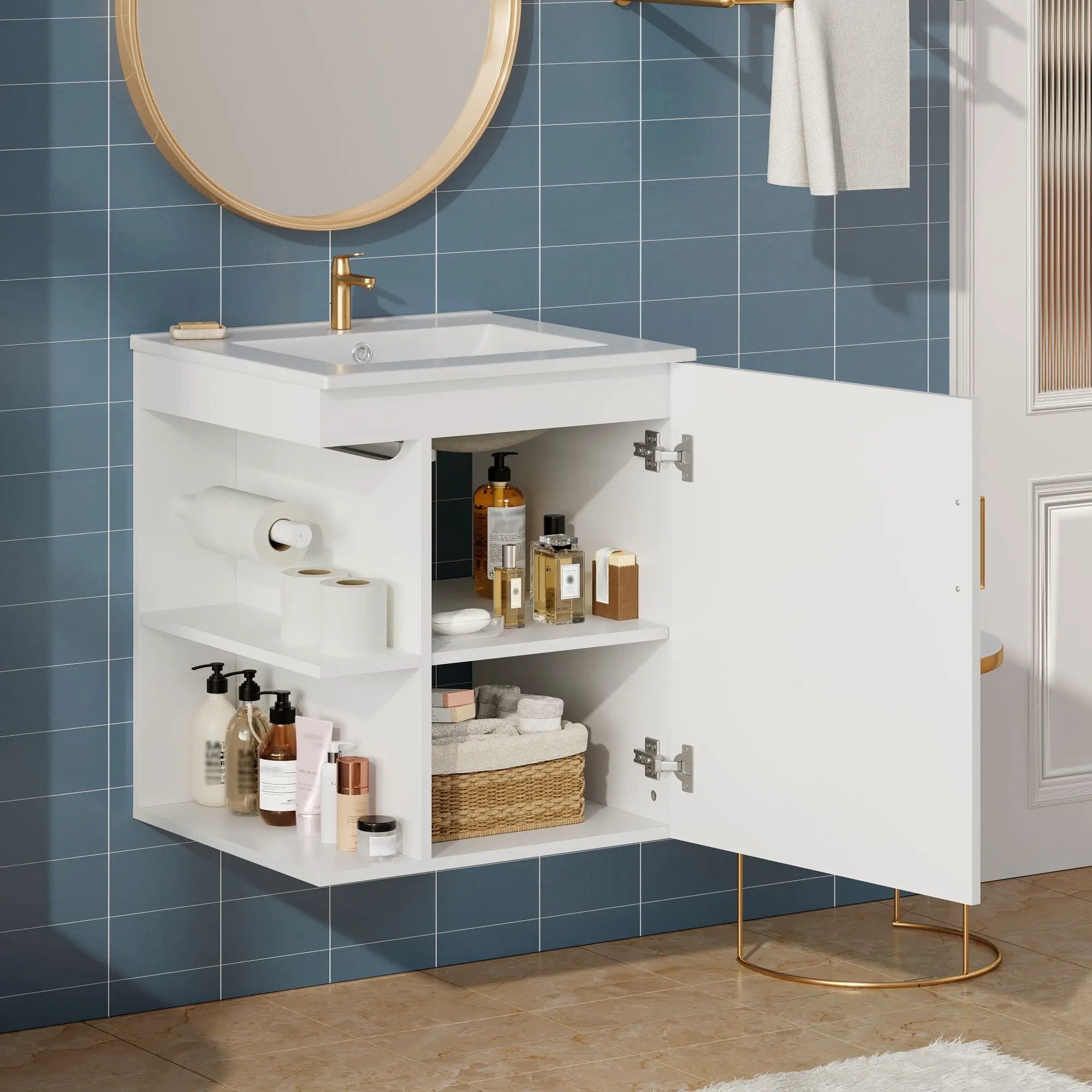 Modern Wall Mounted Bathroom Cabinet With Side Shelf And Ceramic Sink by Unique Piece Furniture