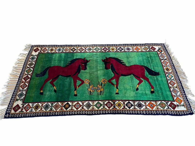 4 X 7 Handmade Rug Zagros Quality Wool Pictorial Horses Green Butterfly Colorful by Jewel Rugs