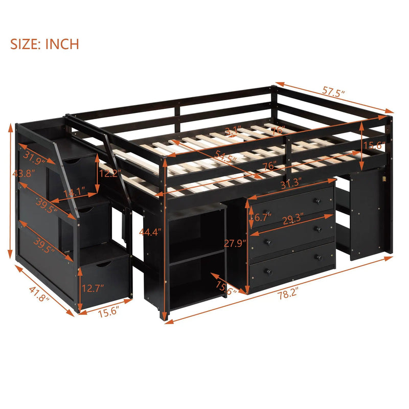Loft Bed With Retractable Writing Desk And 3 Drawers With Storage Stairs And Shelves by Unique Piece Furniture