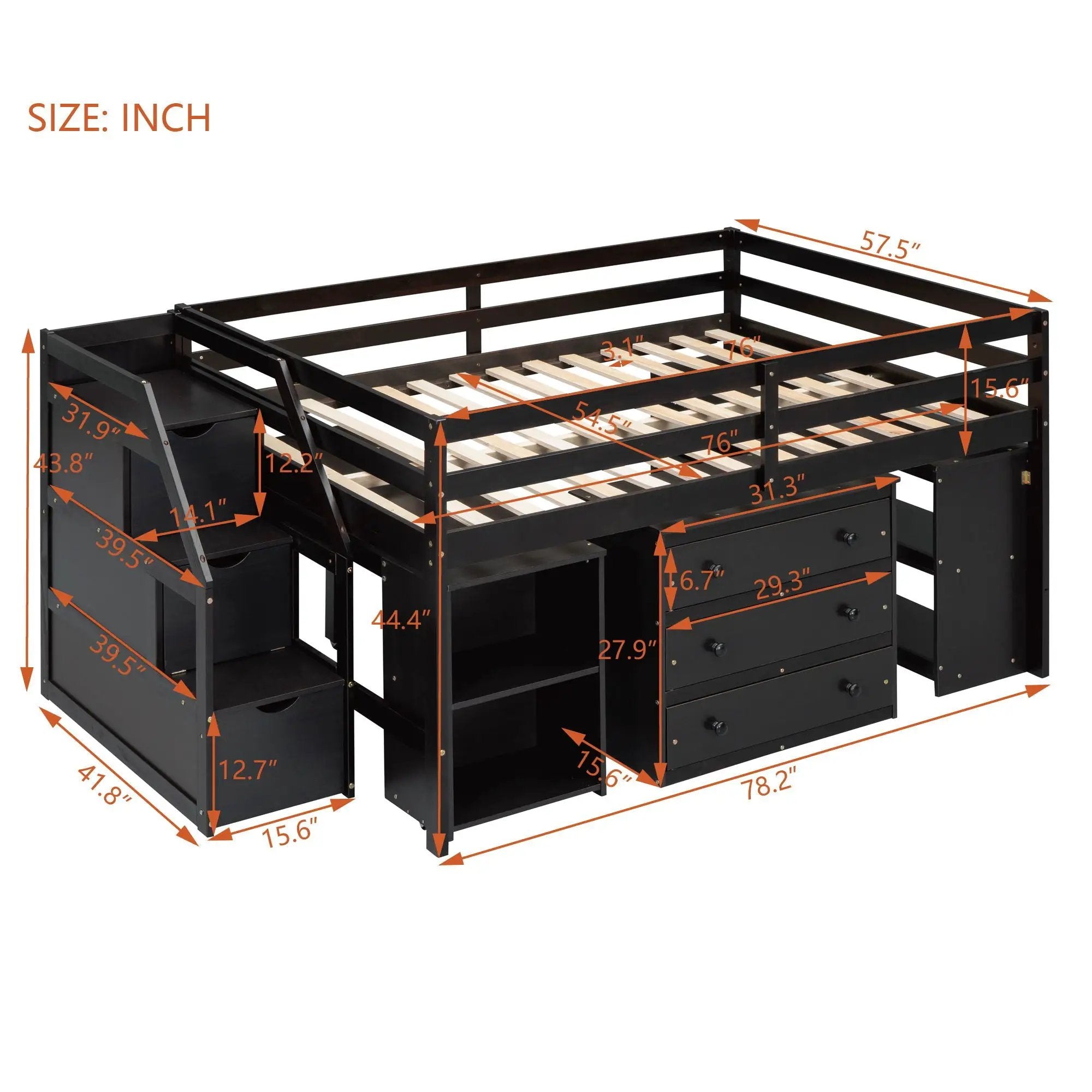 Loft Bed With Retractable Writing Desk And 3 Drawers With Storage Stairs And Shelves by HouseOfZazla