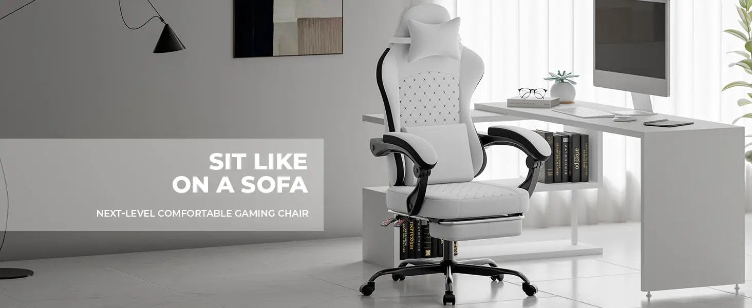 Gaming Chair with Massage, Ergonomic Design, White/Black by HouseOfZazla