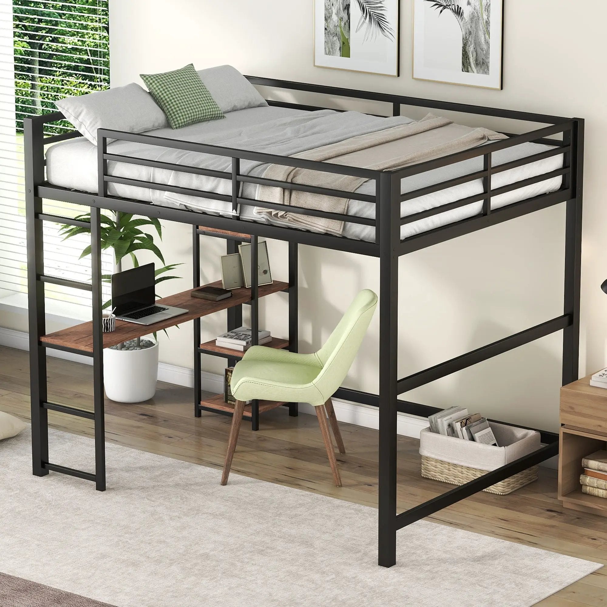 Loft Bed With Built In Desk And Storage Shelves, Full Size - Black by Unique Piece Furniture