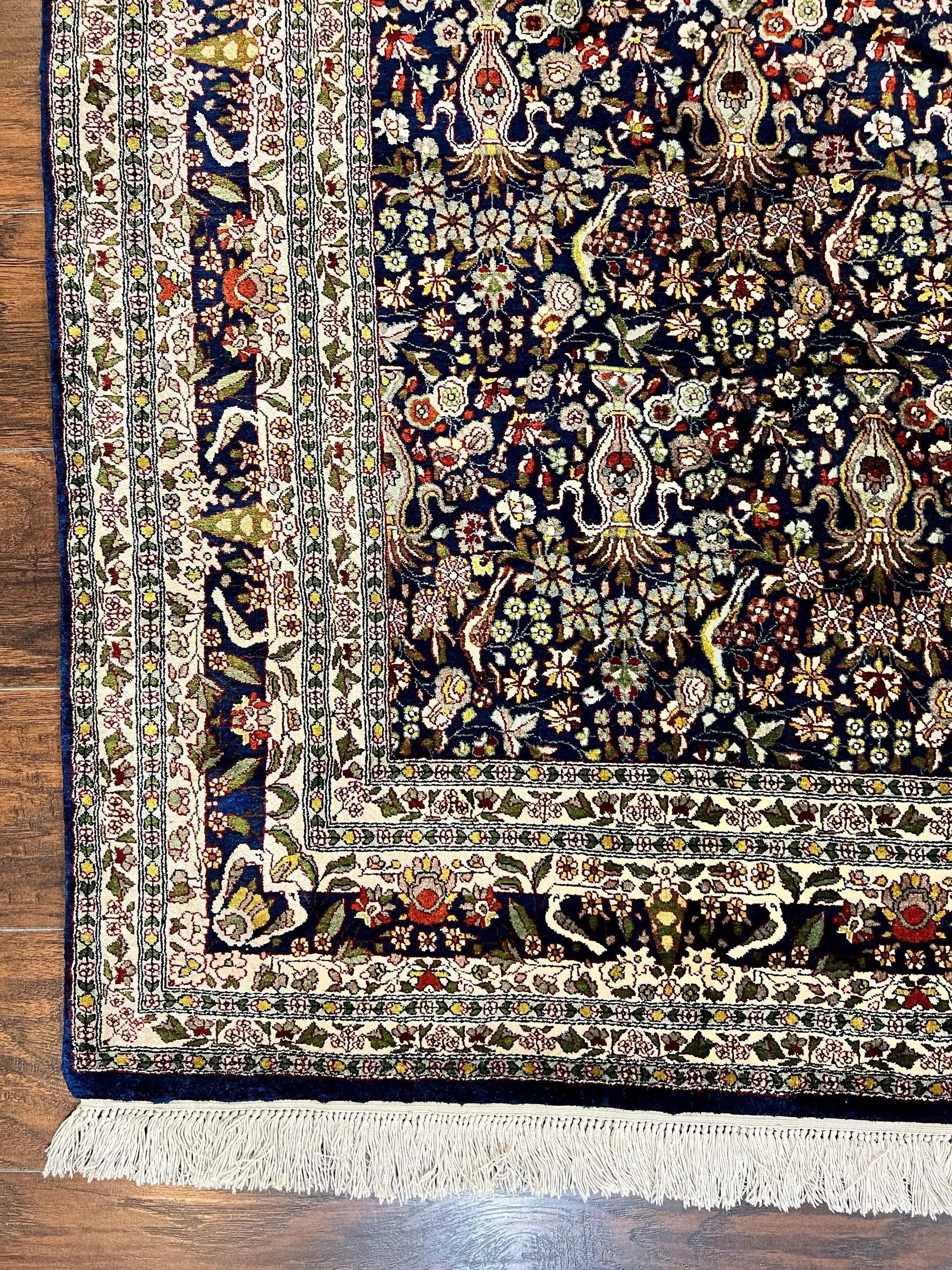 Silk Indian Kashmiri Rug 5x7, Navy Blue Indo Persian Silk Carpet 5 x 7 ft, Hand Knotted Handmade Very Fine Oriental Carpet, 450 KPSI, Birds by Jewel Rugs