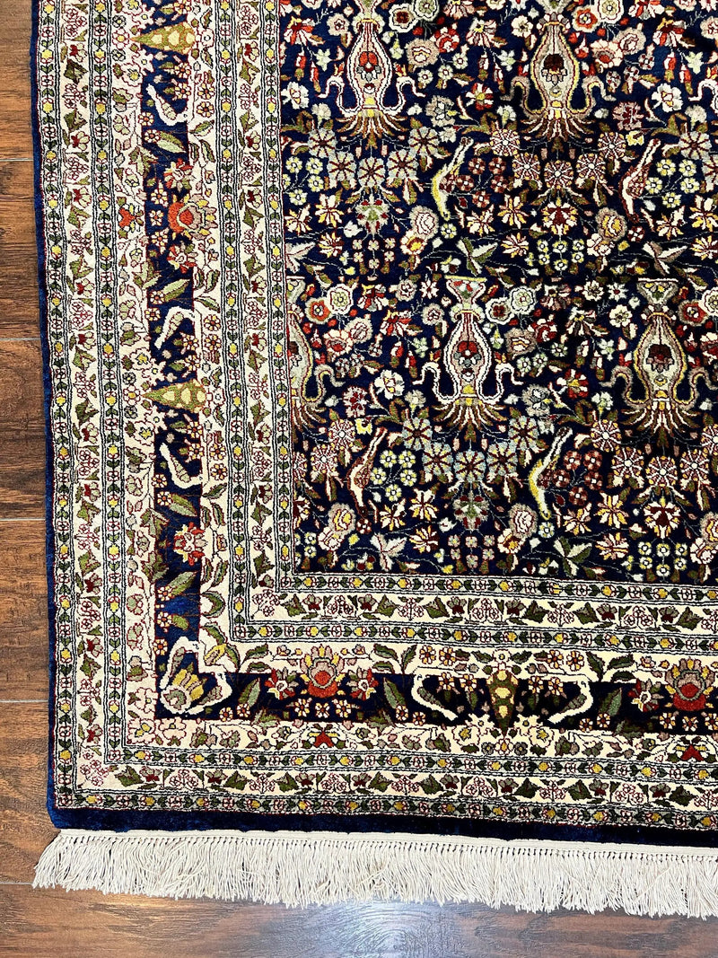 Silk Indian Kashmiri Rug 5x7, Navy Blue Indo Persian Silk Carpet 5 x 7 ft, Hand Knotted Handmade Very Fine Oriental Carpet, 450 KPSI, Birds by Jewel Rugs