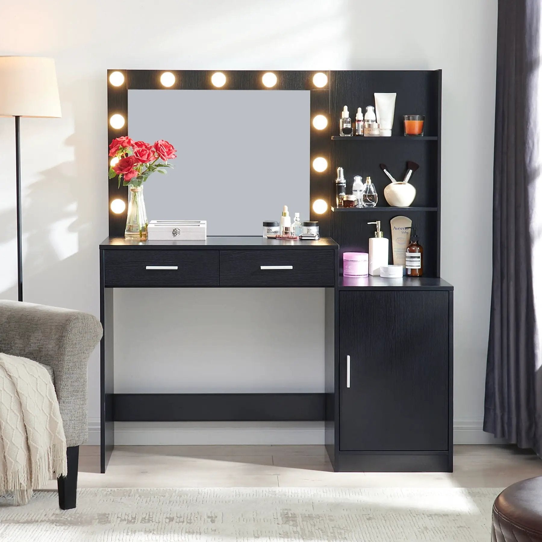 Vanity Desk With Mirror And Lights, 46.4In Dressing Table With 2 Large Drawer & Large Vertical Organizer, 3 Level Dresser & 3 Lighting Modes Adjustable Brightness, Suitable For Bedroom by Unique Piece Furniture