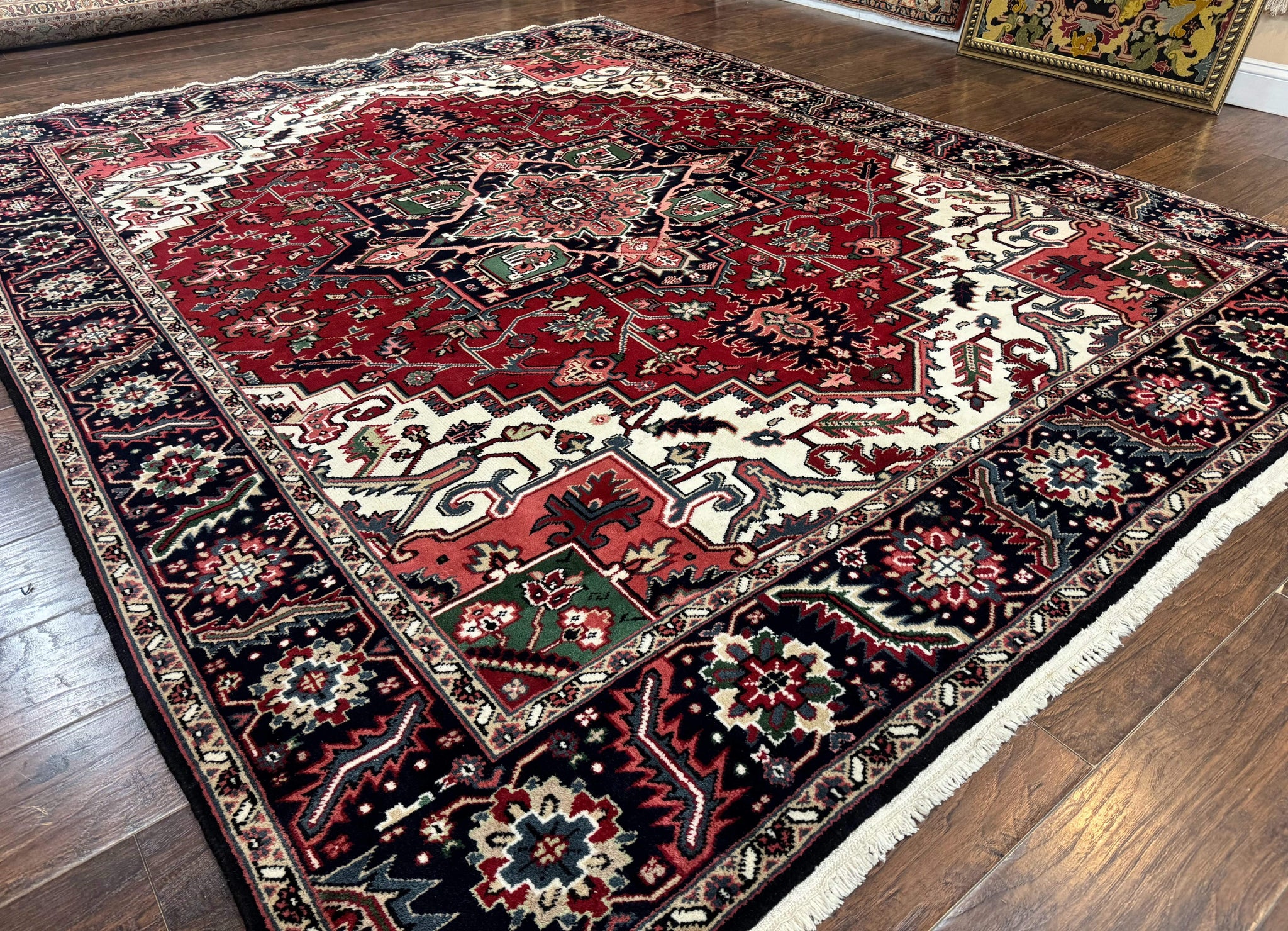 Indo Persian Heriz Rug 8x10, Geometric Medallion, Brick Red Ivory Navy Blue, Room Sized Heriz Carpet, Wool Rug by Jewel Rugs