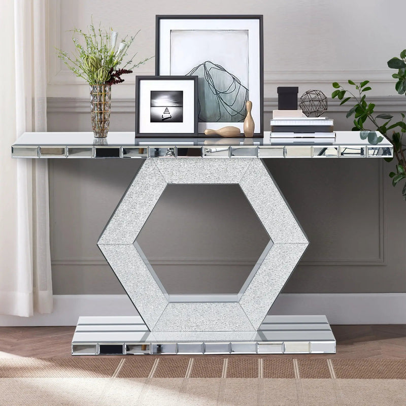 Sparkling Crystal Hexagon Mirror Entryway Premium Modern Foyer Console Table With Diamond Glass Effects, Dual Tier Luxury Sofa Table - Silver by HouseOfZazla