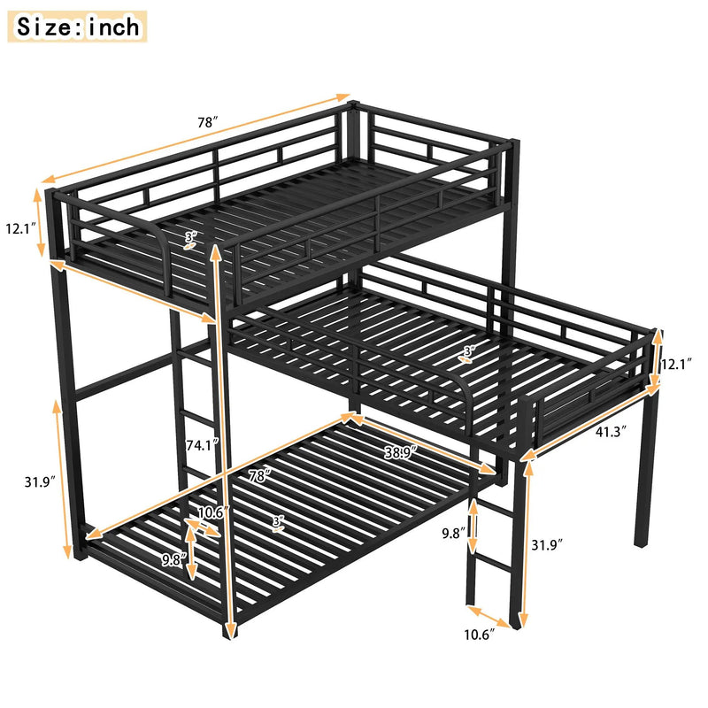 L-Shaped Triple Twin Size Bunk Bed, Industrial Design With Integrated Ladder And Full Length Guardrails - Black by Unique Piece Furniture