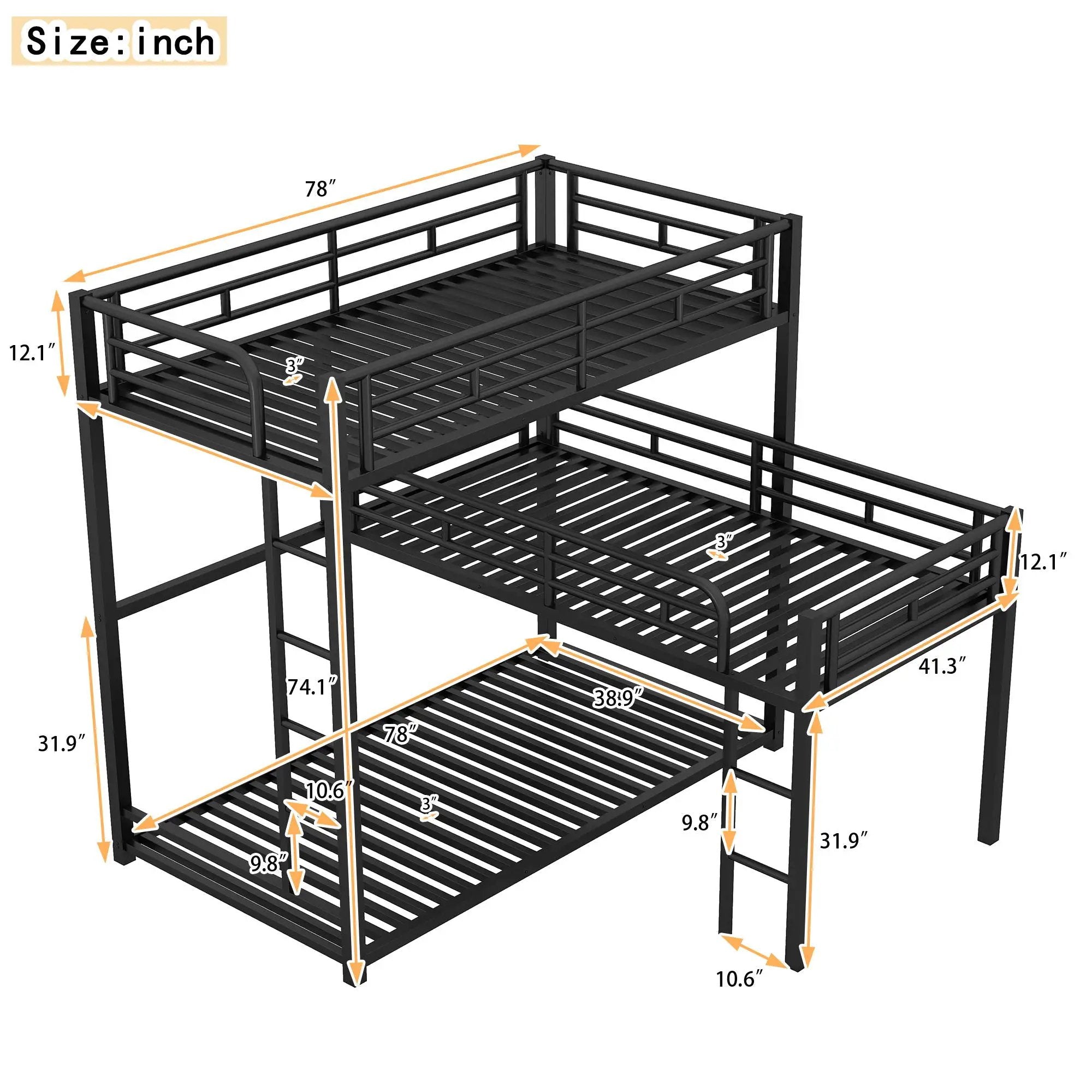 L-Shaped Triple Twin Size Bunk Bed, Industrial Design With Integrated Ladder And Full Length Guardrails - Black by HouseOfZazla