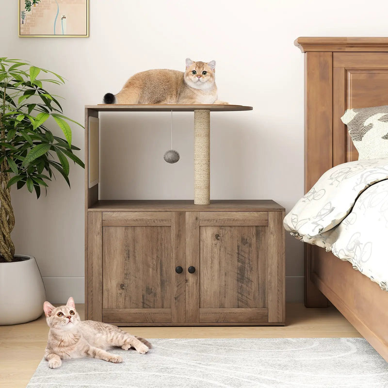 34.5 Inch Cat Tree with Litter Box Enclosure with Sisal Scratching Post and Mat-Gray by DirectDeals