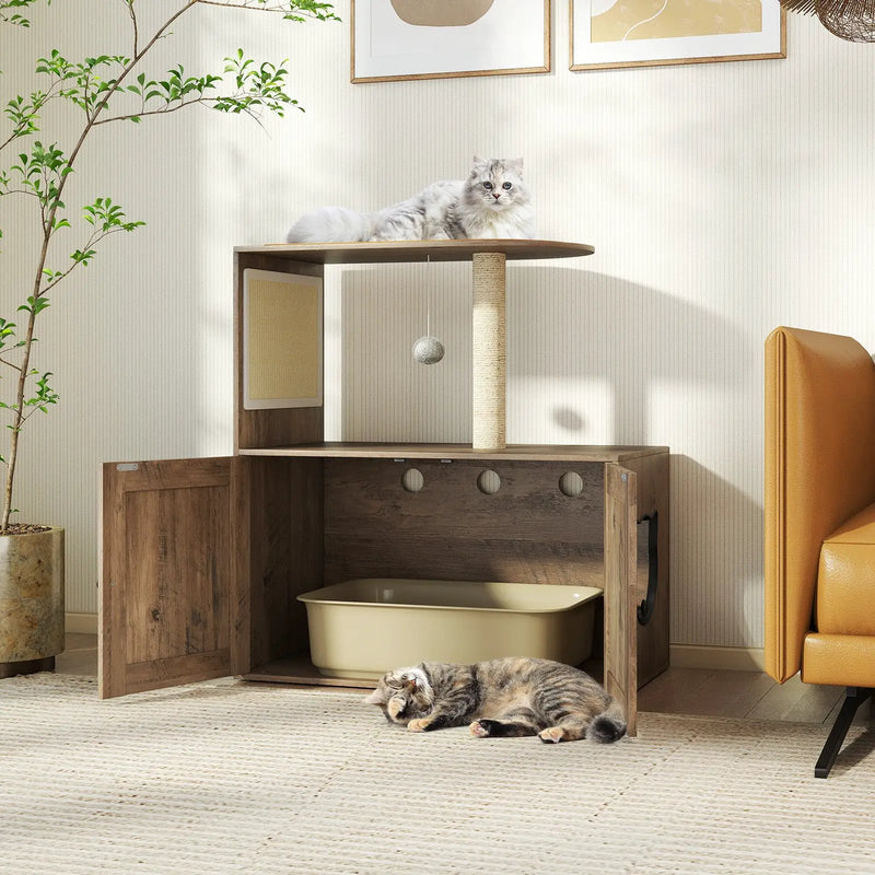 34.5 Inch Cat Tree with Litter Box Enclosure with Sisal Scratching Post and Mat-Gray by DirectDeals