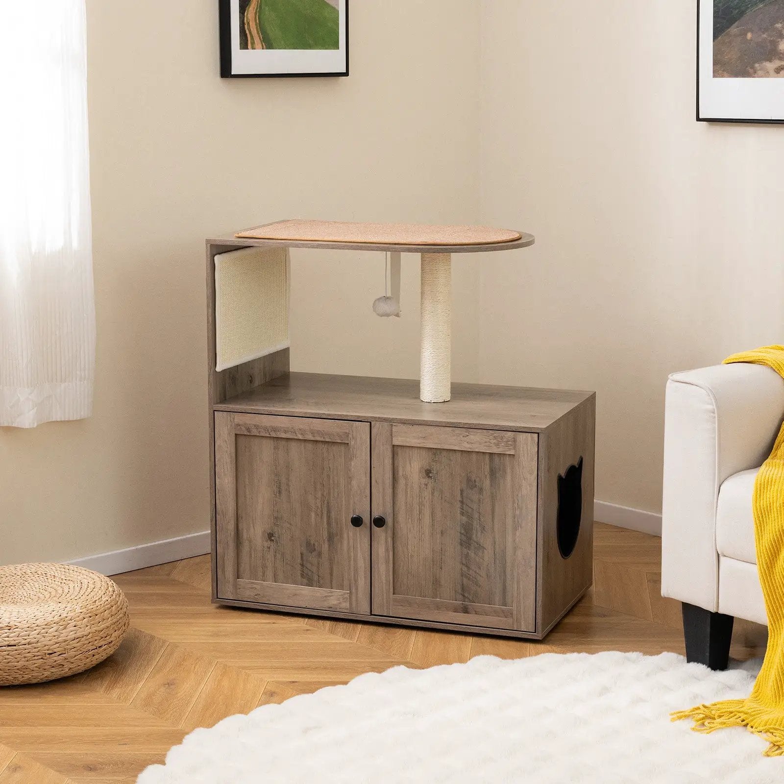 34.5 Inch Cat Tree with Litter Box Enclosure with Sisal Scratching Post and Mat-Gray by DirectDeals