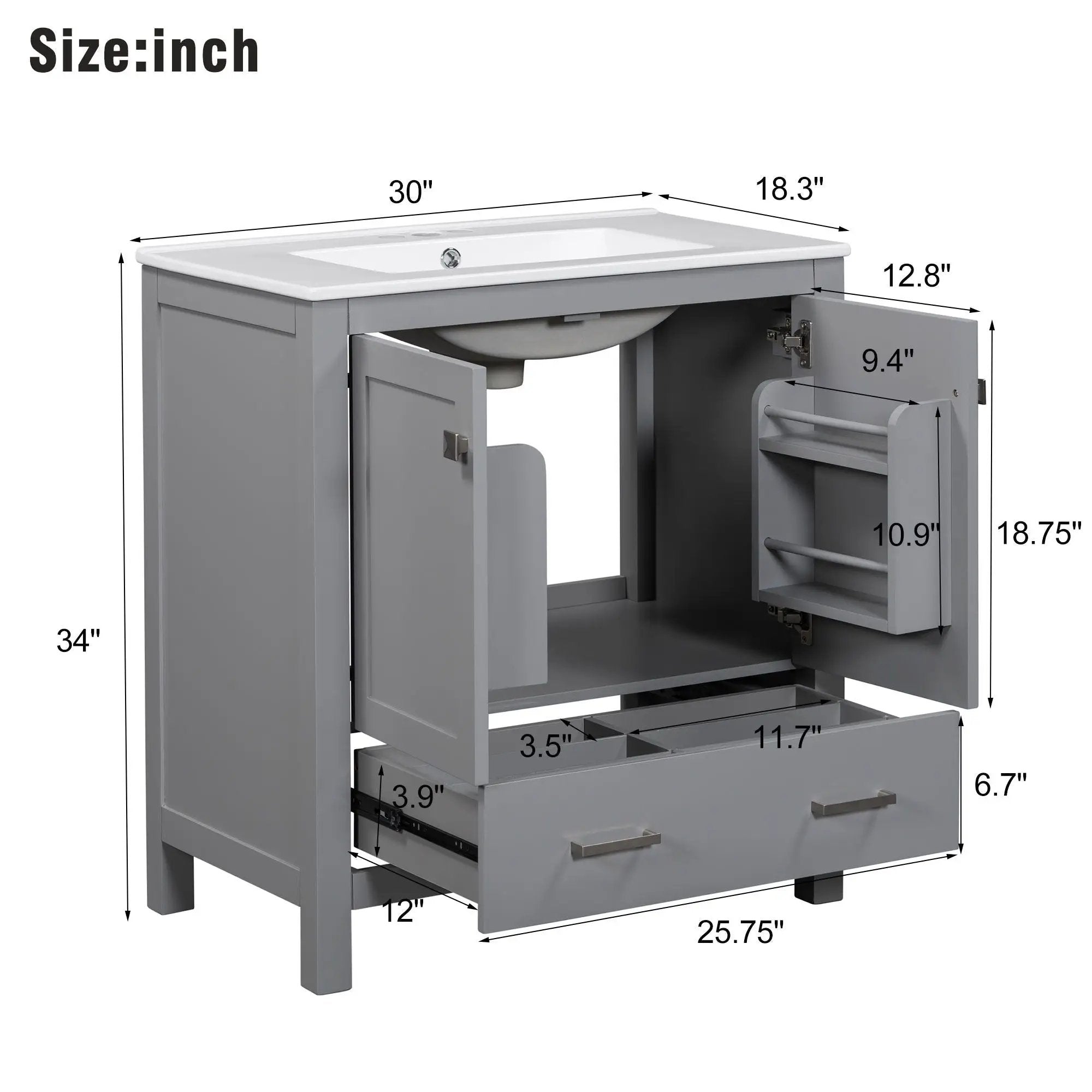 Bathroom Vanity With Single Sink, Combo Cabinet Undermount Sink, Bathroom Storage Cabinet With Two Doors And A Drawer, Soft Closing, Multifunctional Storage, Solid Wood Frame by HouseOfZazla