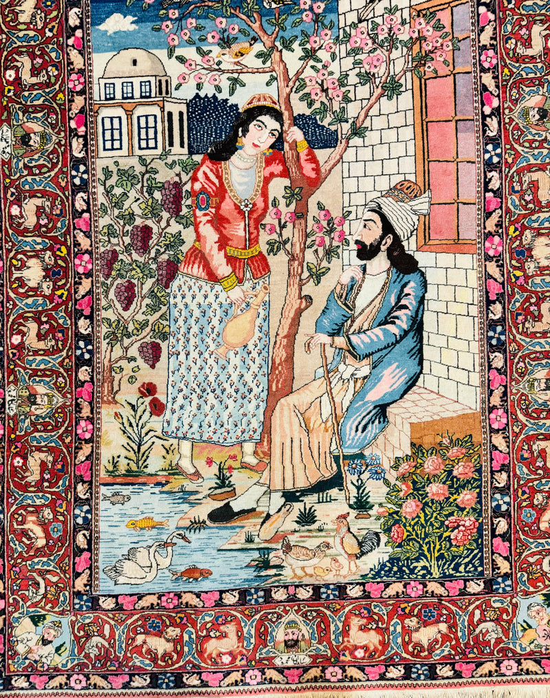Wonderful Persian Kashan Pictorial Rug 4.7 x 6.5, Persian Rug for Wall Hanging, Handmade Antique Wool Carpet Animal Motifs Poetry Lovers, 240 KPSI by Jewel Rugs