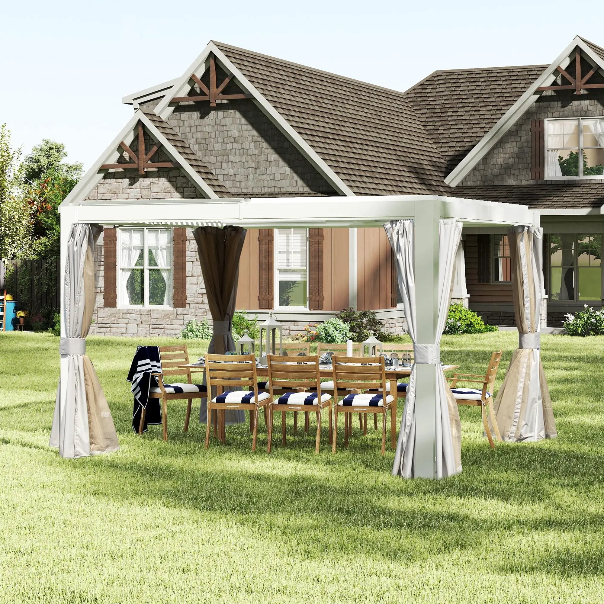 10x12 FT Outdoor Louvered Pergola with Adjustable Louvers - White by HouseOfZazla