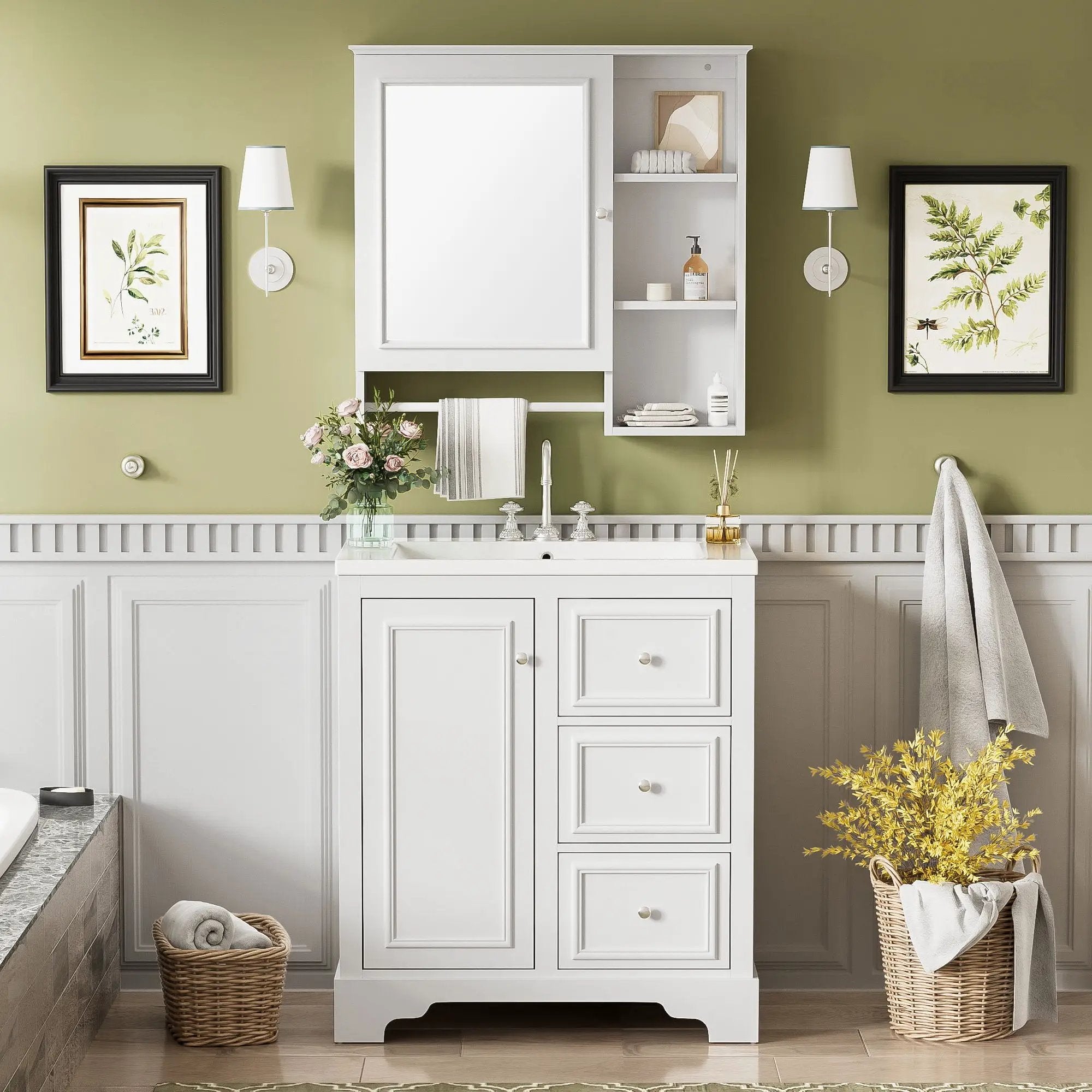 Bathroom Vanity With Sink, Modern Elegant Bathroom Storage Cabinet With 3 Drawers And Adjustable Shelves, Freestanding Vanity Set With Mirror Cabinet, Single Sink Bathroom Vanity by HouseOfZazla