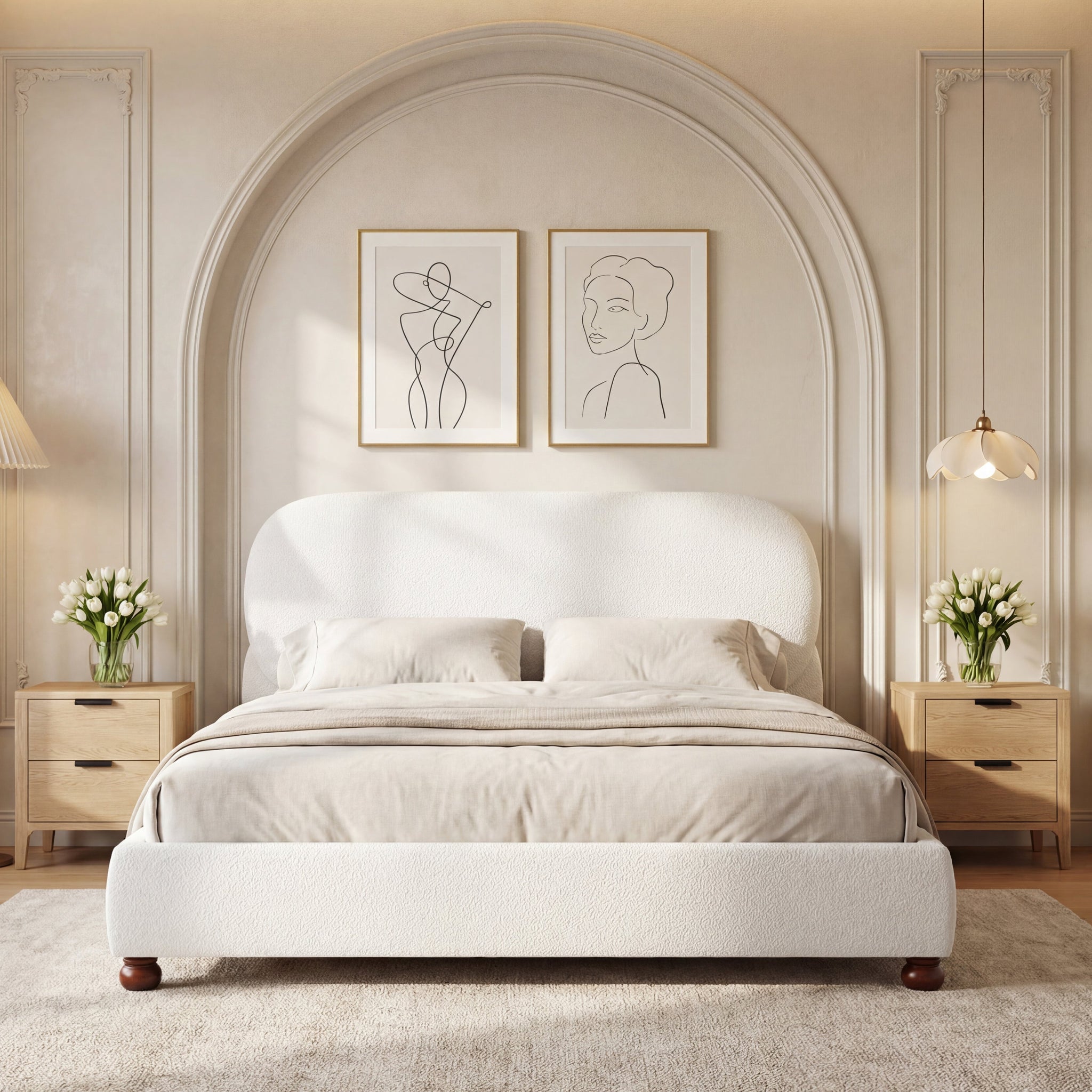 Cream-colored Boucle Upholstered Bed with Rubber Wood Foot, Queen by HouseOfZazla