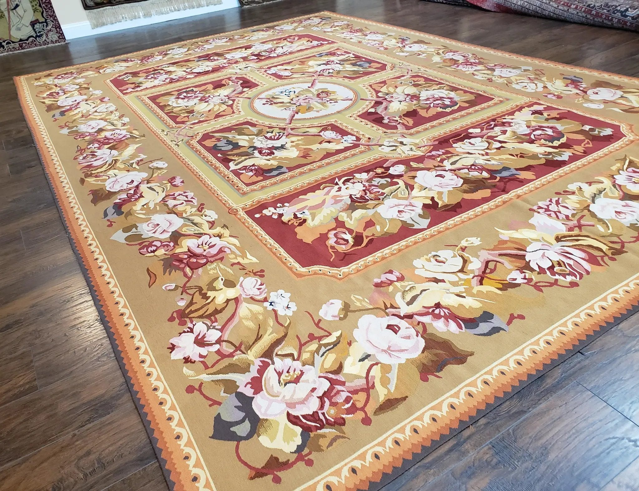 Vintage Chinese Aubusson Savonnerie Flat Pile Rug 9.9 x 14.5 Wool Handwoven Red & Khaki Large Flowers Rug 9x14 - 10x15 Michaelian Kolhberg by Jewel Rugs