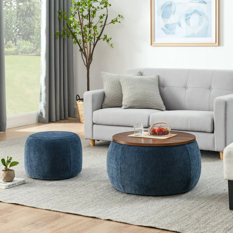 Round Storage Ottoman, 2 In 1 Function, End Table And Ottoman by Unique Piece Furniture