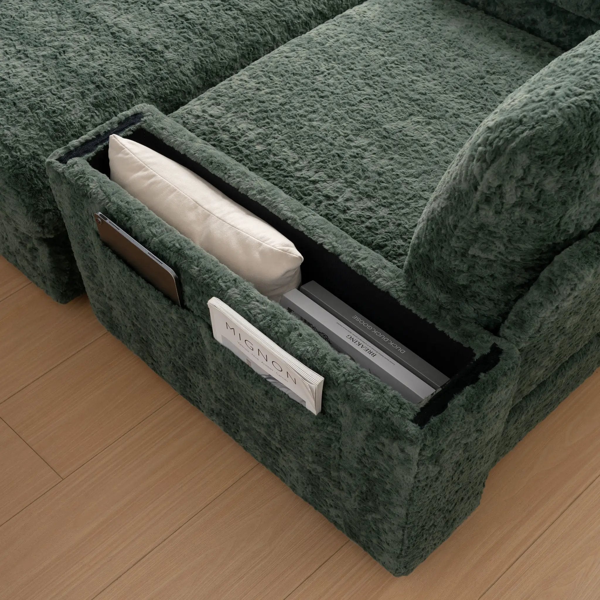 Oversized Chaise Lounge Indoor Rabbit Fur Sofa Bed With Storage Ottoman And Armrests Cup Holders With Deep Seat by HouseOfZazla