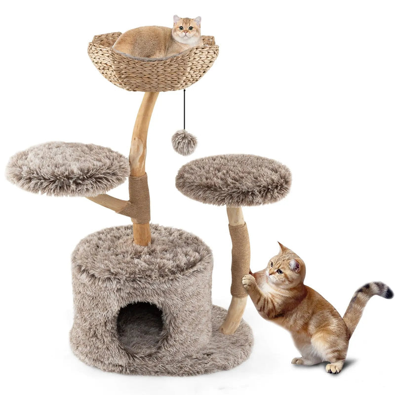 Wood Cat Tree Solid Pear Cat Tree with Perch and Sisal Scratching Posts-Brown by DirectDeals