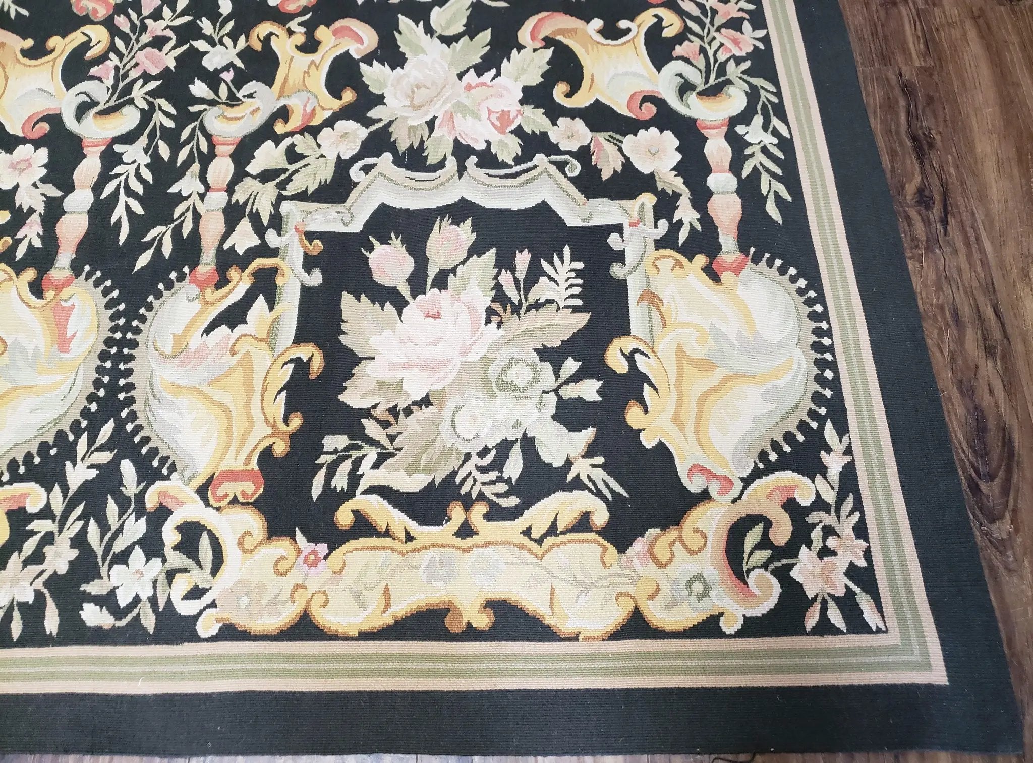 Vintage Black Aubusson Area Rug 8x10, Large Flowers Chinese Aubusson Carpet 7.9 x 10, Wool Hand-Knotted Floral Pattern Flat Weave Rug Nice by Jewel Rugs