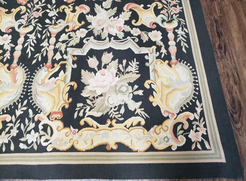 Vintage Black Aubusson Area Rug 8x10, Large Flowers Chinese Aubusson Carpet 7.9 x 10, Wool Hand-Knotted Floral Pattern Flat Weave Rug Nice by Jewel Rugs