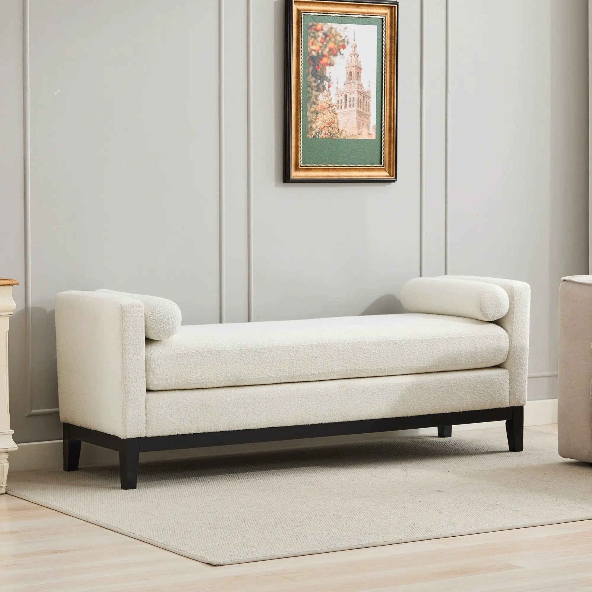 Elegant Upholstered Bench, Daybed, Ottoman With Wood Legs & Bolster Pillows - Ivory Boucle by HouseOfZazla