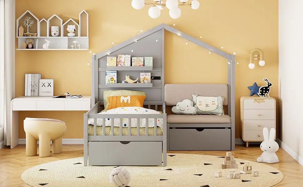 House Bed With Upholstered Sofa, Wireless Charging Station, Shelves And 2 Drawers