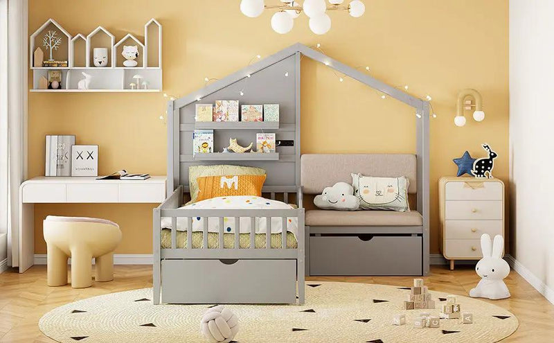 House Bed With Upholstered Sofa, Wireless Charging Station, Shelves And 2 Drawers