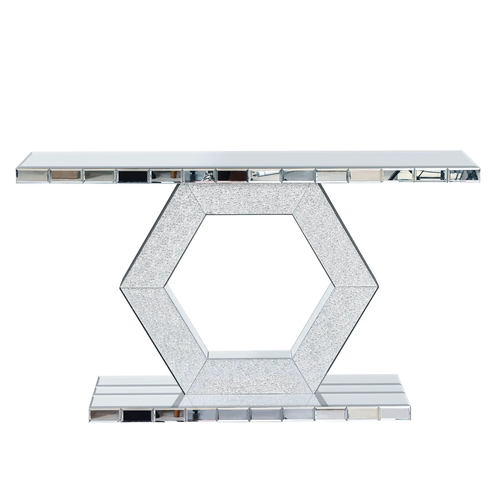 Sparkling Crystal Hexagon Mirror Entryway Premium Modern Foyer Console Table With Diamond Glass Effects, Dual Tier Luxury Sofa Table - Silver by HouseOfZazla