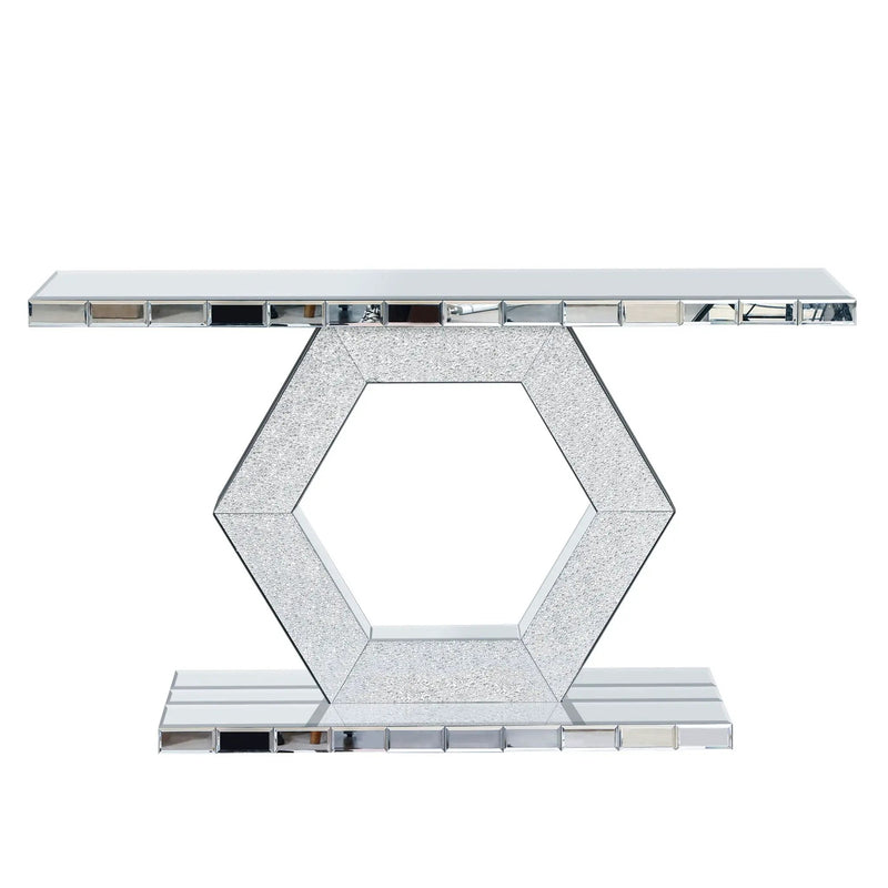 Sparkling Crystal Hexagon Mirror Entryway Premium Modern Foyer Console Table With Diamond Glass Effects, Dual Tier Luxury Sofa Table - Silver by HouseOfZazla