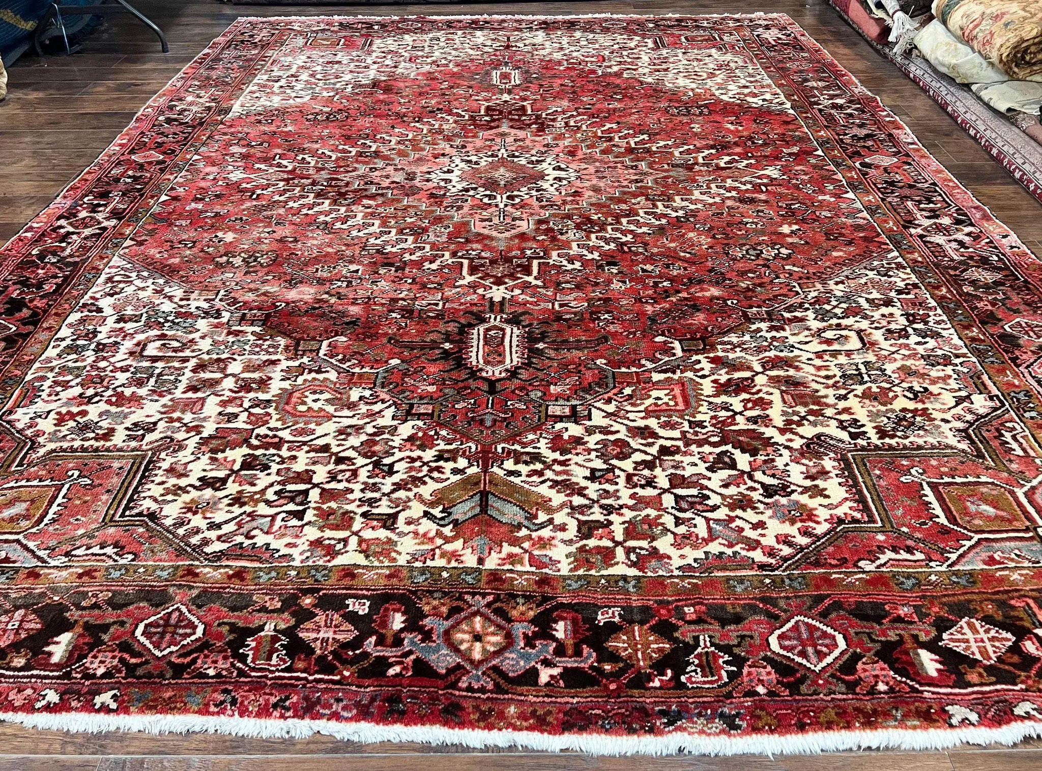 Large Persian Heriz Rug 10x13, Red and Cream Geometric Tribal Room Sized Handmade Wool Hand Knotted Semi Antique Decorative Oriental Carpet by Jewel Rugs