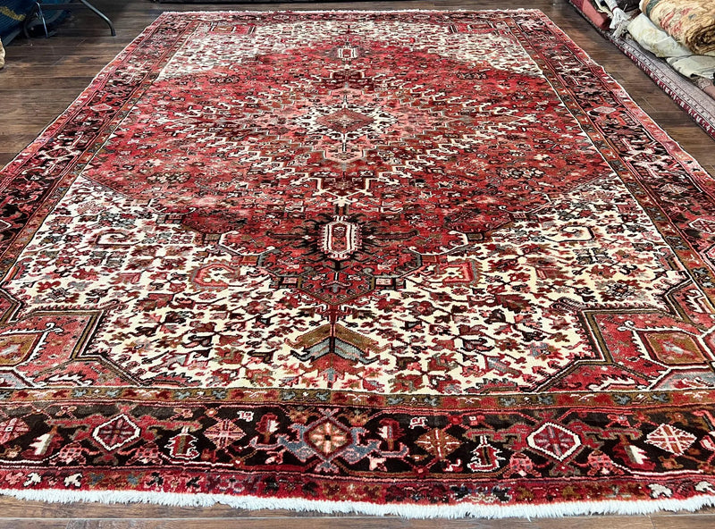 Large Persian Heriz Rug 10x13, Red and Cream Geometric Tribal Room Sized Handmade Wool Hand Knotted Semi Antique Decorative Oriental Carpet by Jewel Rugs