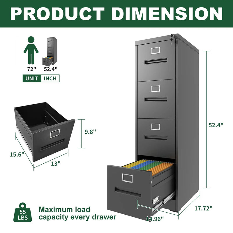 Premium Drawer File Cabinet With Lock, Metal Vertical Design, A4 Legal / Letter Size by Unique Piece Furniture