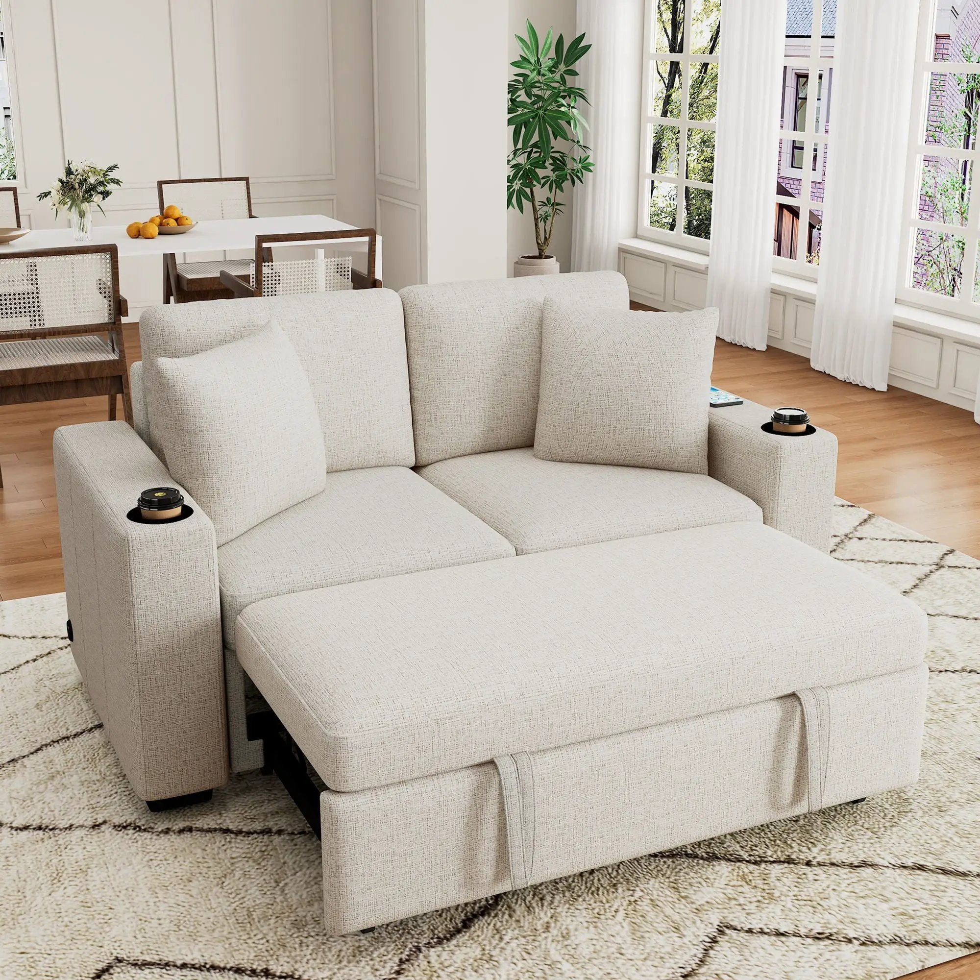 Modern 2 Seater Loveseat Sofa With Pull-Out Bed, Fabric, Built-In USB Ports & Cup Holders by Unique Piece Furniture