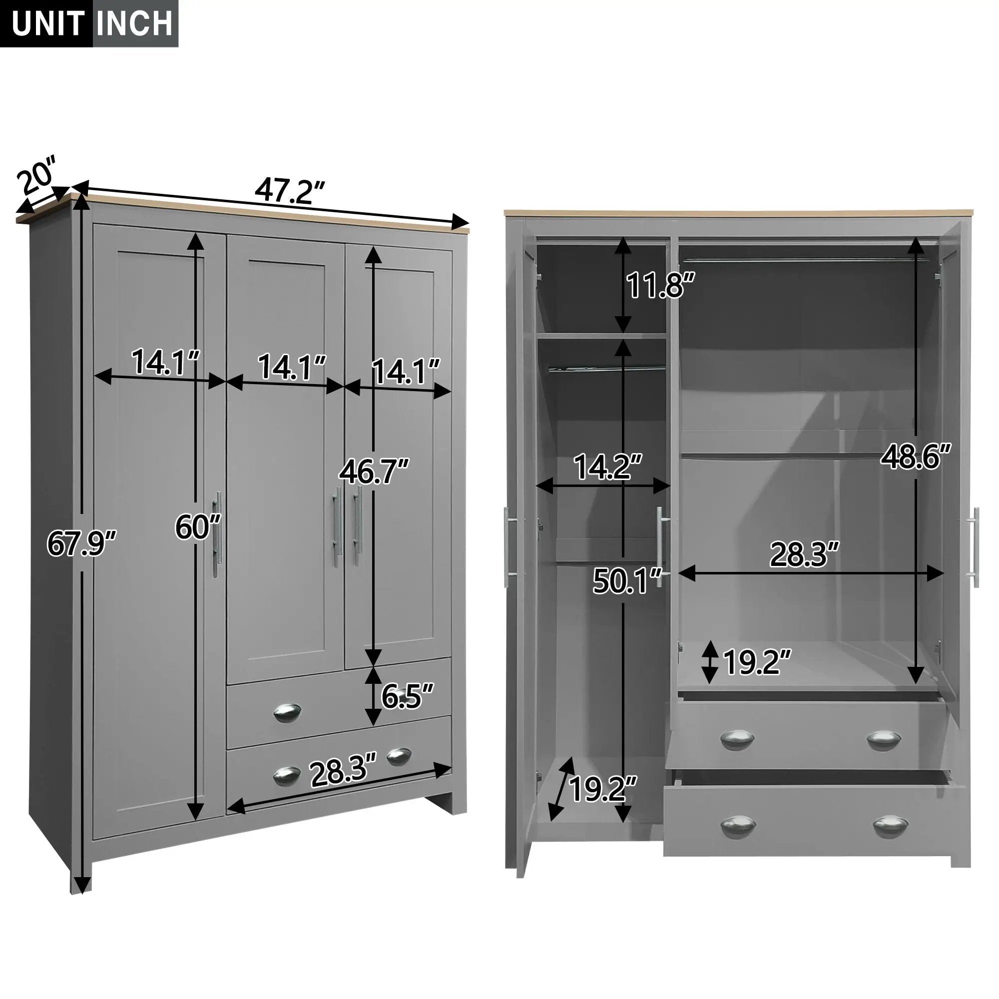 3 Door Storage Wardrobe With Cabinets And 2 Hanging Rods - Gray by HouseOfZazla